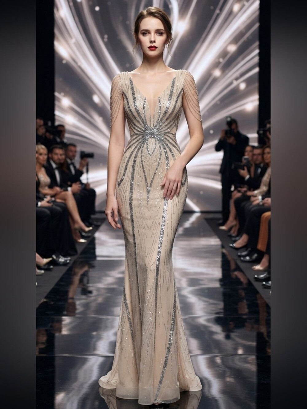 Ivory Sequin Evening Gown with Draped Beaded Shoulders